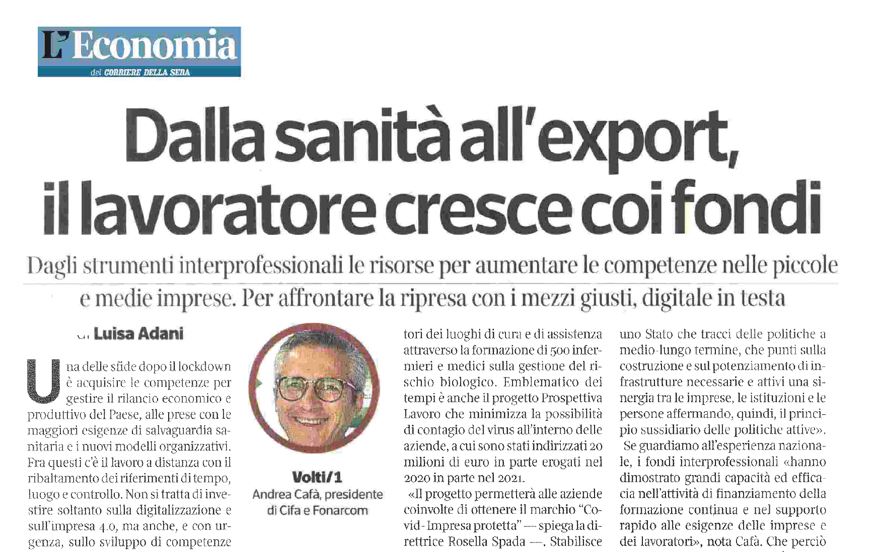 Competenze, Cafà a Economia-Corriere: "Grazie ai Fondi sostenuta la crescita di PMI e lavoratori"